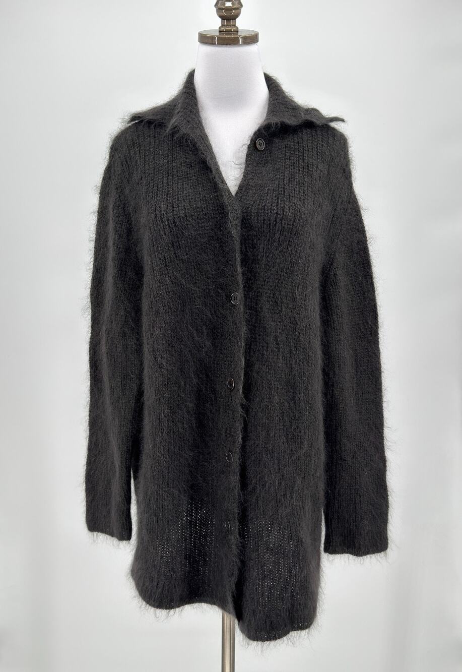 TSE Black Mohair Fuzzy Knit Collared Long Sleeve Cardigan Sweater Sz L